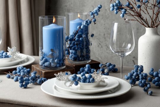 A table with a white tablecloth and blue decorations