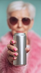 A cool grandma holding a tall soda can up to the camera. 4