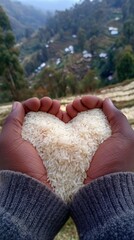 Two hands holding a lot of white, uncooked rice. The rice is forming a heart shape. 4