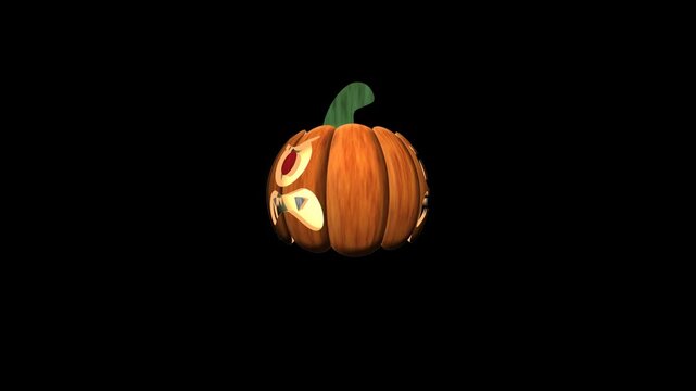 4K 2D Halloween jack-o&rsquo;-lantern cyclops animation with glowing yellow orb inside, sharp fangs, rotating on transparent background. Perfect for spooky videos, social media, and Halloween projects