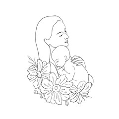 Mother hugs child line art. Bud of anemone flower card on Mother's Day. Mom holds baby graphic vector illustration. Motherhood concept. Postcards, maternity hospital design, article, children product