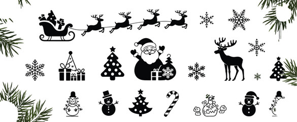 Black and white Christmas icons collection, holiday vector elements, festive decorations, snowflakes, reindeer, Santa sleigh, tree, bells, and candles