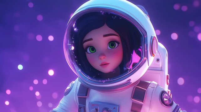 Animated Girl in Astronaut Suit Floating in Space with Purple Nebula Background