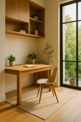 Cozy workspace featuring modern desk and indoor plants