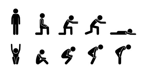 Naklejka premium Silhouette stickman workout icon set. Human figure fitness exercise poses collection including sit, squat, kneel, push up, stretch, rest, stand, bend, and sleeping positions isolated on white backgrou