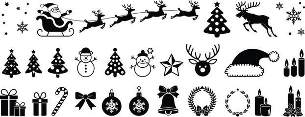 Black and white Christmas icons collection, holiday vector elements, festive decorations, snowflakes, reindeer, Santa sleigh, tree, bells, and candles