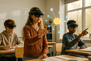 Students using augmented reality for science lessons in classroom
