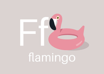 A playful representation showcases a pink flamingo float next to the letter F, ideal for engaging young learners in fun and creative ways while exploring the alphabet