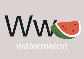 Engaging and whimsical display of the letter W paired with a vibrant watermelon slice, inviting curiosity and joy while illustrating the playful side of language and learning