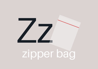 Bright, playful representation highlighting the letter Z along with a simple zipper bag, Ideal for educational resources and creative learning activities for children.