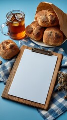 A big blank white A4 paper restaurant lunch menu mock-up surrounded by freshly baked bread. 4