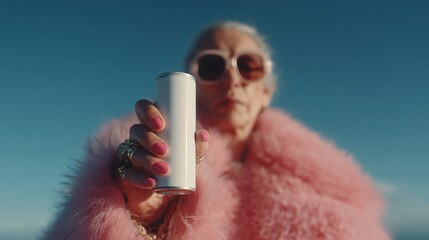 A cool grandma holding a tall soda can up to the camera. 3