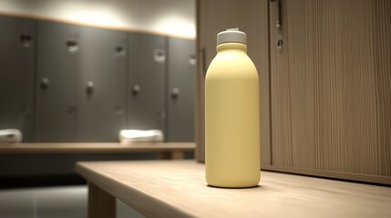 A modern gym locker room with a pastel yellow water bottle is placed neatly on the bench. 3