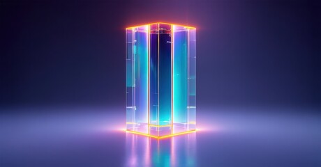 Glowing hexagonal prism stands alone. Bright neon colors illuminate dark background, creating futuristic effect. Reflections visible below.