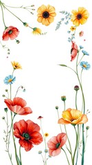 Delicate watercolor vertical floral frame with wildflowers and blank space in the center_11