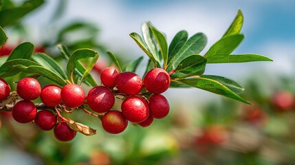 Fototapeta premium Vibrant red berries hang from a branch with lush green leaves against a soft, blurred background. A burst of nature's beauty captured in exquisite detail.