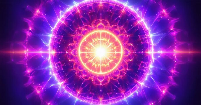 Bright fractal pattern radiates energy. Vivid pinks, purples create mesmerizing circular design. Intense light emanates from center. - Powered by Adobe