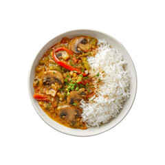 Delicious Mushroom and Vegetable Curry with Rice in a Bowl