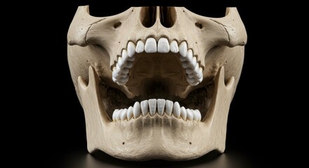 Anatomical human skull depiction showcasing teeth and jaw structure in detail medical illustration