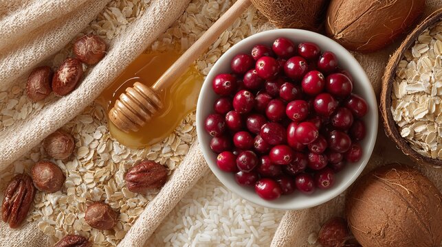 Healthy Ingredients: Cranberries, Oats, Nuts, Honey, & Rice- A nutritious mix for a wholesome meal, snack, or baking project. Eat healthy and be happy!