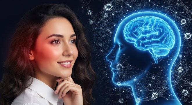 A thoughtful woman with a glowing blue digital brain network overlay representing