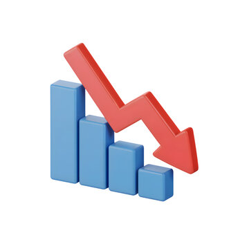 3d red arrow indicating financial downturn, depicted in a graph isolated on white background
