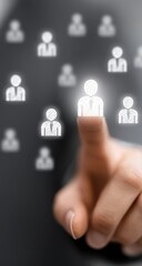 A fingertip selects a glowing person icon from a field of similar, less bright icons, suggesting talent selection or recruitment