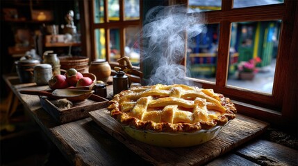Golden apple pie with steam rising