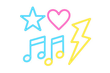 Bright neon glowing outlines of star, heart, music notes, and lightning bolt on white