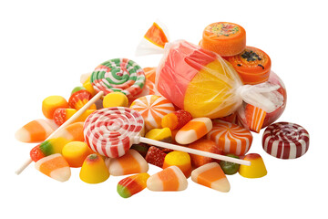 A colorful assortment of halloween candies including lollipops candy corn and wrapped treats isolated on transparent background