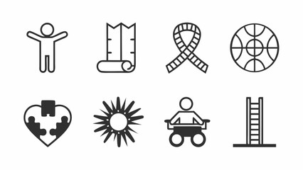 Collection of diverse line art icons including a person, mat, ribbon, ball, heart, sun, and ladder silhouette