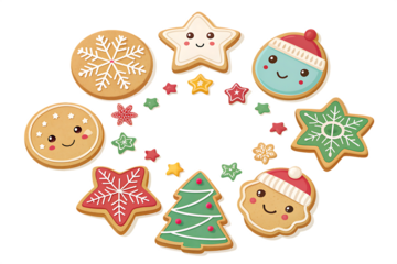 Charming christmas gingerbread cookies with cute faces arranged in a festive wreath isolated on transparent background