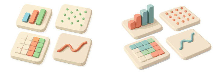 Set of 3D rendered icons representing data and analytics concepts