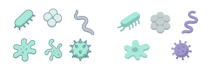 Diverse microscopic organisms and viruses in simple flat design style