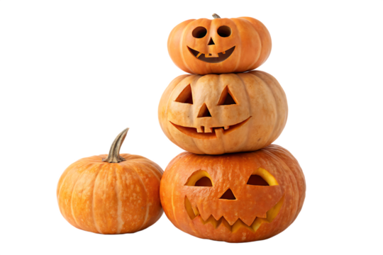 A festive stack of three carved jack o lanterns with a single whole pumpkin beside them isolated on transparent background