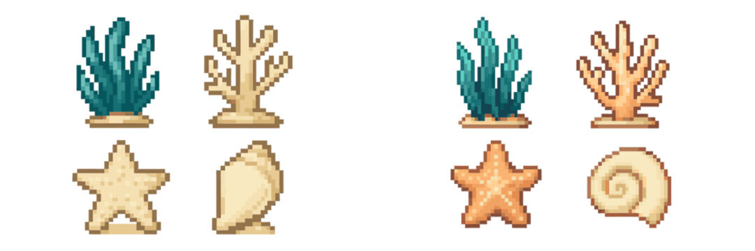 Pixel art marine life: coral, starfish, and seashells