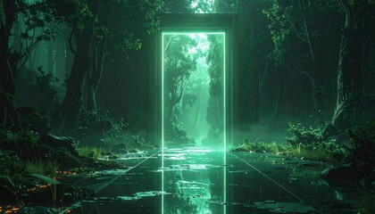 Obraz premium A verdant forest path, illuminated by a glowing green portal, leads to an unseen realm.