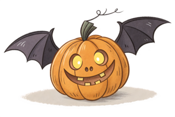 Whimsical halloween jack o lantern with bat wings and glowing eyes isolated on transparent background