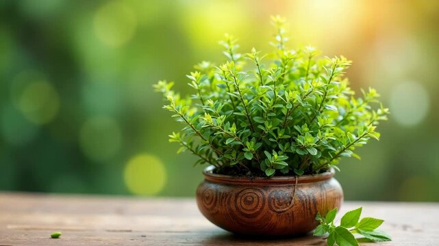 Tulsi plant in a decorative wooden pot for pana sankranti celebration. Vibrant green potted plant in a decorative wooden pot placed on a rustic wooden table, illuminated by soft sunlight with a