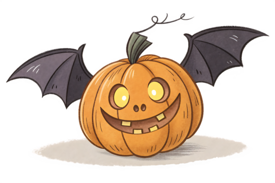 Whimsical halloween jack o lantern with bat wings and glowing eyes isolated on transparent background - Powered by Adobe