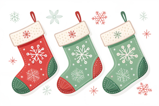 Three festive christmas stockings in red and green with snowflake patterns isolated on transparent background