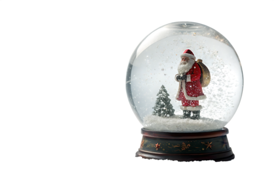 A festive santa claus figurine inside a clear glass snow globe with a miniature christmas tree isolated on transparent background