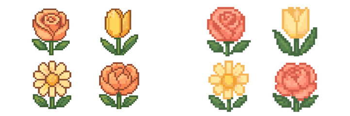 Fototapeta premium Pixel art floral collection with roses, tulips, and daisies in warm colors