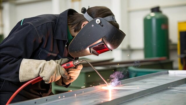 Welder welding on a metal sheet in protective gear
