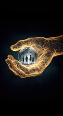 Stylized hand holding a globe with children inside, representing future generations and environmental responsibility.