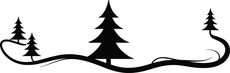 Snow-covered pine trees, winter forest landscape, black and white illustration, seasonal nature scene, snowy Christmas background, vector graphic design