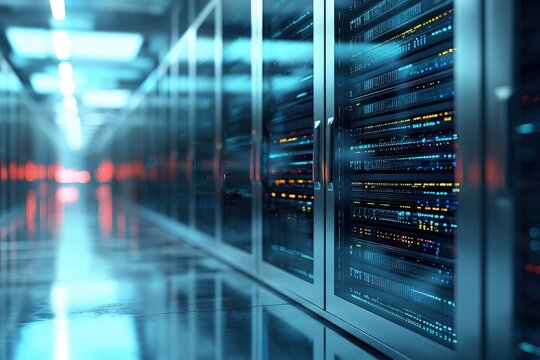 Bright modern data center hallway with reflective floor and glowing servers, ideal for IT infrastructure visuals, cloud technology campaigns, and cybersecurity presentations