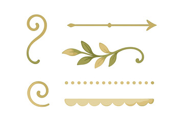 Elegant decorative design elements: leafy branch, swirls, dotted line, border, and arrow