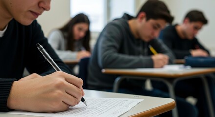 Concentrated students taking an exam in a classroom environment during the day