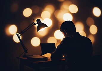 Nighttime study session under the glow of a lamp and ambient lights